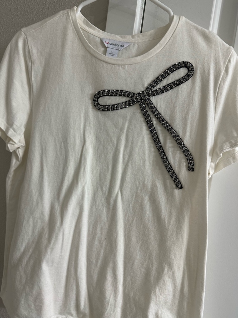 Liz Claiborne Cream Top with Black Beaded Bow Accent